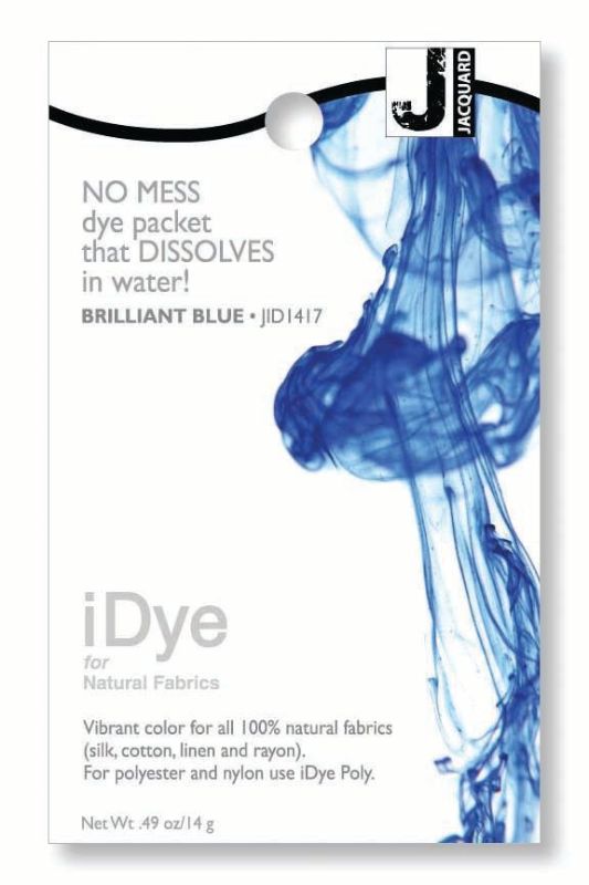 Brilliant blue fabric dye in a dissolvable packet for natural fibers, perfect for vibrant, solid colors and easy application.