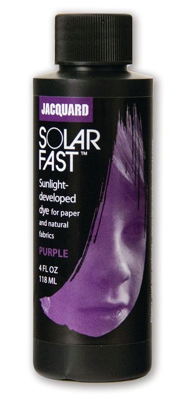 Vibrant purple SolarFast dye in 118.29ml for creating permanent, sun-developed designs on fabric, paper, and wood.