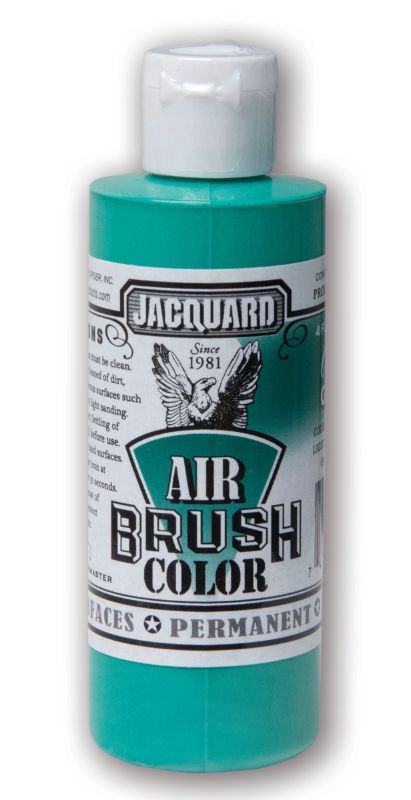 Vibrant Jacquard Opaque Green airbrush paint (118.29ml) for versatile use on fabric, leather, vinyl, and more, with exceptional durability.