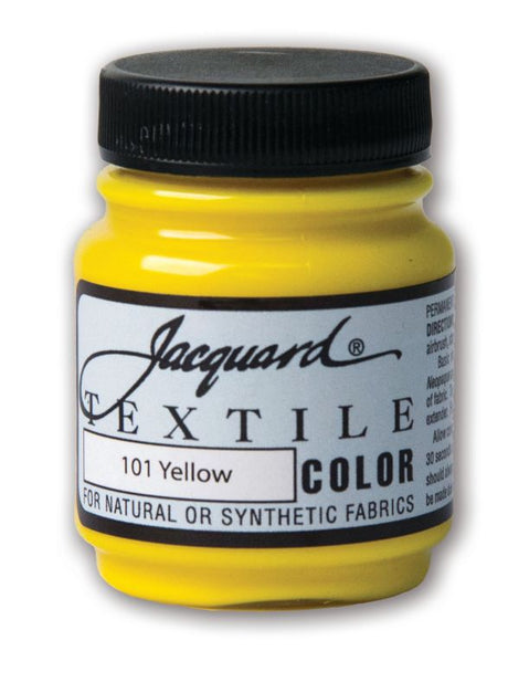 Vibrant yellow JACQUARD fabric paint, 66.54ml, ideal for painting and printing on various fabrics and surfaces.