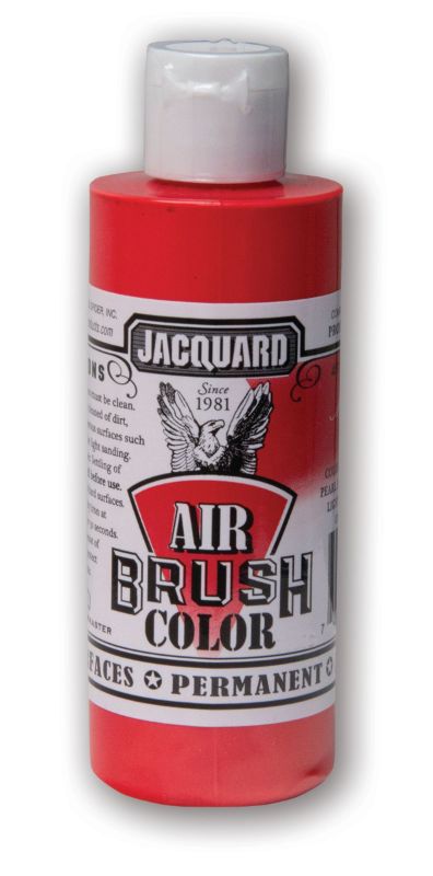 JACQUARD METALLIC RED 301 airbrush paint in 118.29ml bottle, ideal for vibrant art on various surfaces. Non-toxic and easy to use.