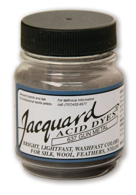 Concentrated Gun Metal acid dye from Jacquard, ideal for vibrant silk, wool, and protein fibers, ensuring colorfast results.