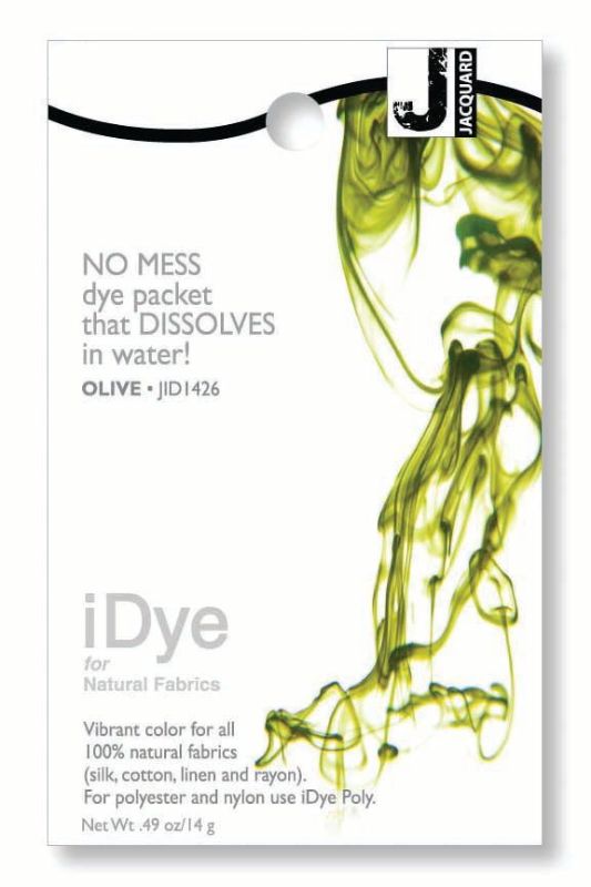 iDye Jacquard Olive 426 (14g) packet for vibrant dyeing on natural fabrics like cotton, linen, and silk. Easy, mess-free application.