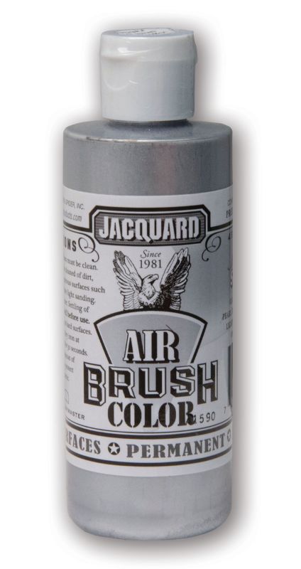 Metallic silver airbrush paint in a 118.29ml bottle, ideal for versatile artistic projects on various surfaces.
