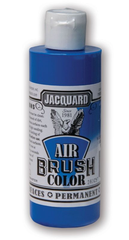 Vibrant Jacquard Fluorescent Blue 402 airbrush paint in a 118.29ml bottle, ideal for versatile art applications and durable coverage.