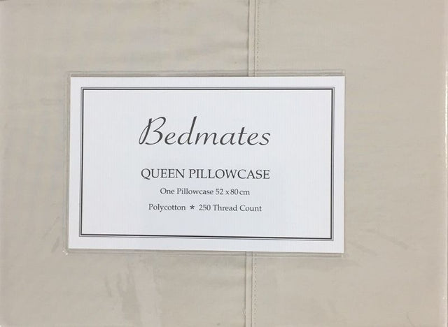 Oyster-colored Bedmates QUEEN polycotton pillowcase with cuffed and piped finish, 52x80 cm, offering softness and elegance.