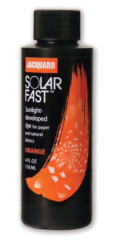 Bottle of Jacquard Orange SolarFast dye (118.29ml) for sun-activated printing on fabric and paper with vibrant color transformation.