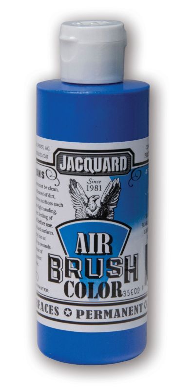 Bottle of Jacquard Metallic Blue 302 Airbrush Paint, 118.29ml, ideal for versatile applications on various surfaces.