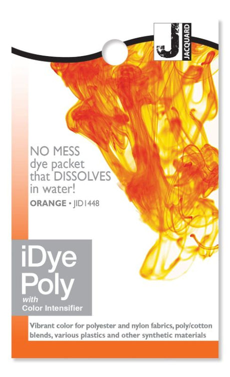 Bright orange dye packet for synthetic fabrics, ideal for cosplay and crafts, easily dissolves in water for mess-free application.