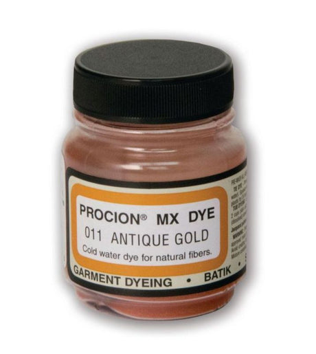 "PROCION MX Dye in Antique Gold 011, 18.71g, ideal for vibrant cold water dyeing on plant-based fabrics."