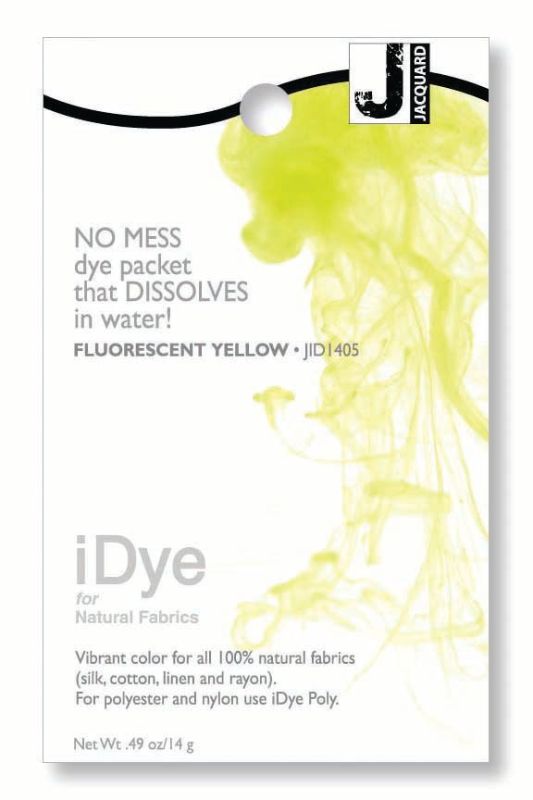 Vibrant iDye Jacquard Fluorescent Yellow 405 dye for natural fabrics in a convenient dissolvable packet (14g).