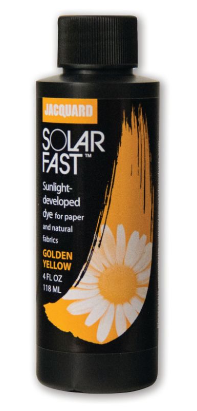 Vibrant Jacquard Golden Yellow SolarFast Dye in 118.29ml for sun printing on fabric and paper, ideal for artists and crafters.