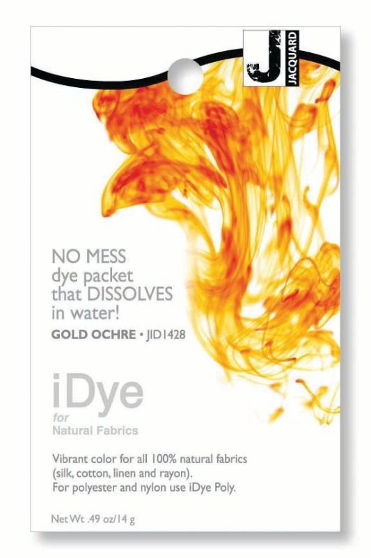 iDye Jacquard Gold Ochre 428 in a 14g packet for vibrant, long-lasting dyeing of natural fabrics like cotton and silk.