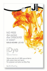 iDye Jacquard Gold Ochre 428 in a 14g packet for vibrant, long-lasting dyeing of natural fabrics like cotton and silk.