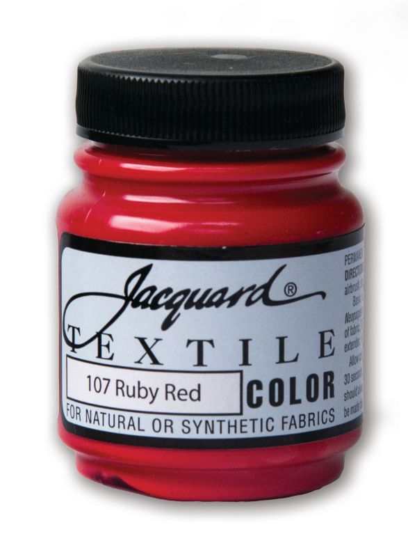 Vibrant JACQUARD Textile Colors Ruby Red 107 paint in 66.54ml for professional fabric art, offering permanent, soft, and durable color.