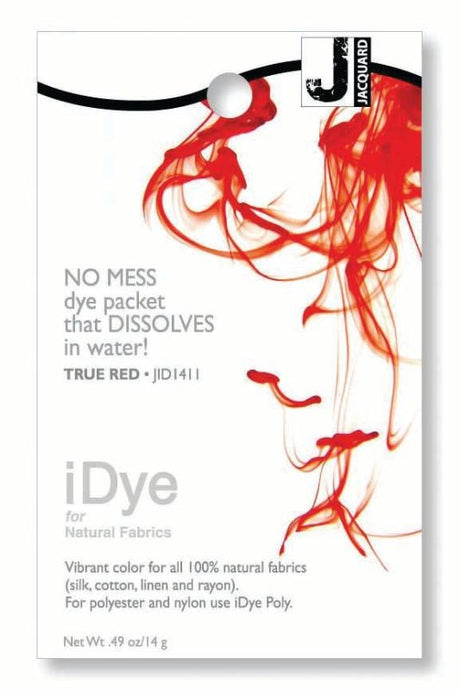 iDye Jacquard True Red 411 in a dissolvable packet for easy fabric dyeing on cotton, silk, and more, creating vibrant colors.