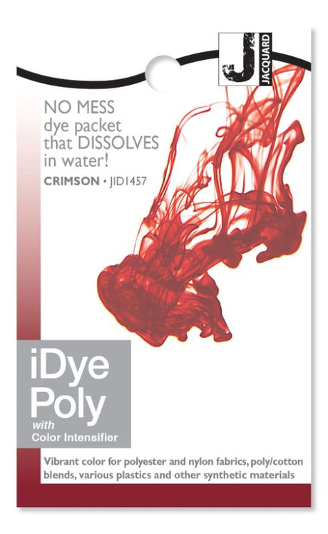Dissolvable packet of iDye Poly Jacquard Crimson 457 for dyeing synthetic fabrics and materials in vibrant red.