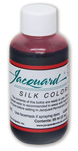 Bottle of JACQUARD SILK Green Label Carmine Red dye, 59.15ml, designed for vibrant silk and protein fiber dyeing.