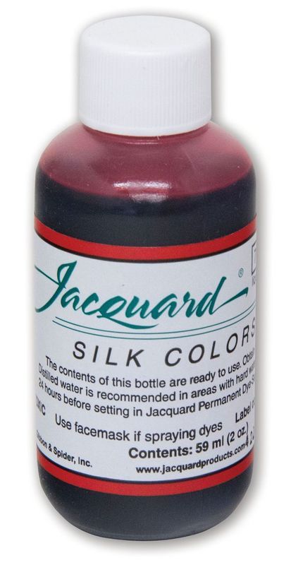 Bottle of JACQUARD SILK Green Label Carmine Red dye, 59.15ml, designed for vibrant silk and protein fiber dyeing.