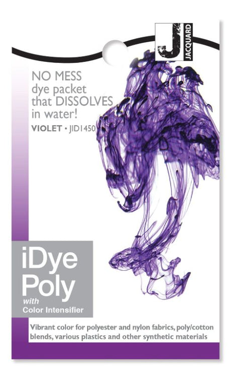 Vibrant iDye Poly Jacquard Violet 450 (14g) for dyeing synthetic fabrics, ideal for cosplay and creative projects.