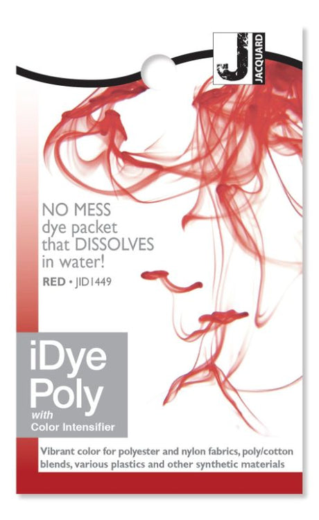 Vibrant iDye Poly Jacquard Red 449 for dyeing polyester, plastics, and synthetics, easy-to-use dissolvable packet.
