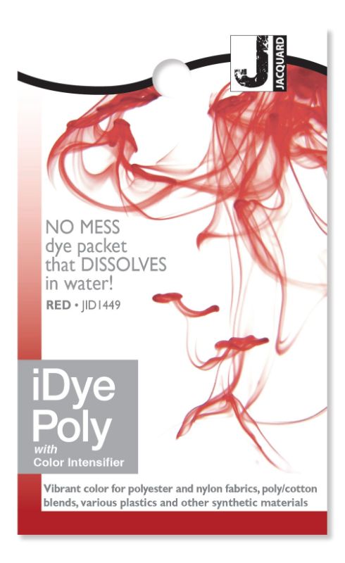 Vibrant iDye Poly Jacquard Red 449 for dyeing polyester, plastics, and synthetics, easy-to-use dissolvable packet.