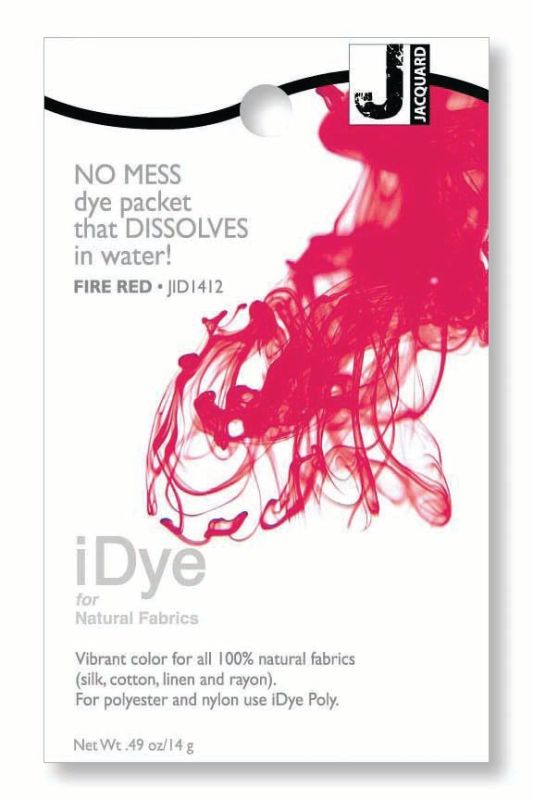 iDye Jacquard Fire Red 412 (14g) packet for dyeing natural fabrics like cotton and silk, producing vibrant colors effortlessly.