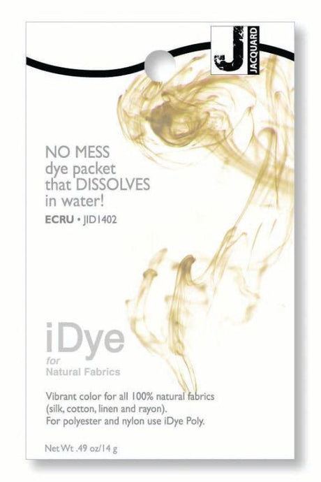 Dissolvable iDYE packet for dyeing natural fabrics in soft ecru, perfect for crafting and revitalizing faded garments.