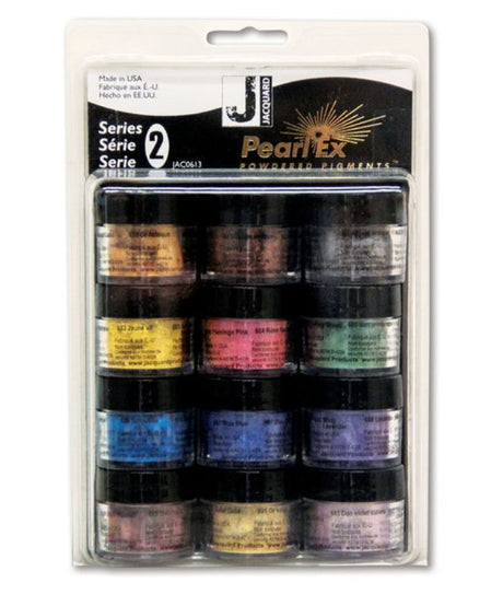 JACQUARD PEARL EX SET SERIES 2 with 12 vibrant jars of pearlescent pigments for artistic projects and metallic effects.