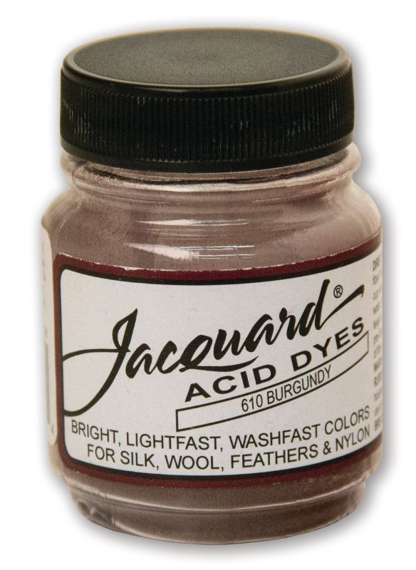 Jacquard Burgundy Acid Dye (14.17g) in a vibrant powder form for dyeing silk, wool, and nylon with lasting color.