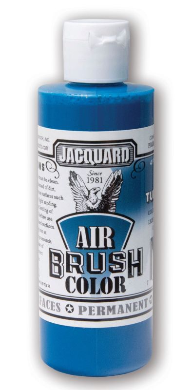 Bright turquoise airbrush paint in a 118.29ml bottle, perfect for versatile artistic applications on various surfaces.