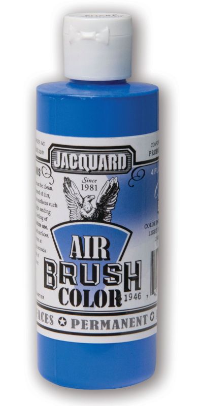 Vibrant Jacquard Opaque Blue airbrush paint in a 118.29ml bottle, ideal for custom designs on various surfaces.