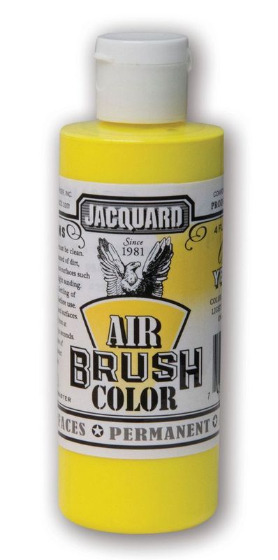 Vibrant Jacquard Fluorescent Yellow airbrush paint in 118.29ml, ideal for versatile art projects on various surfaces.