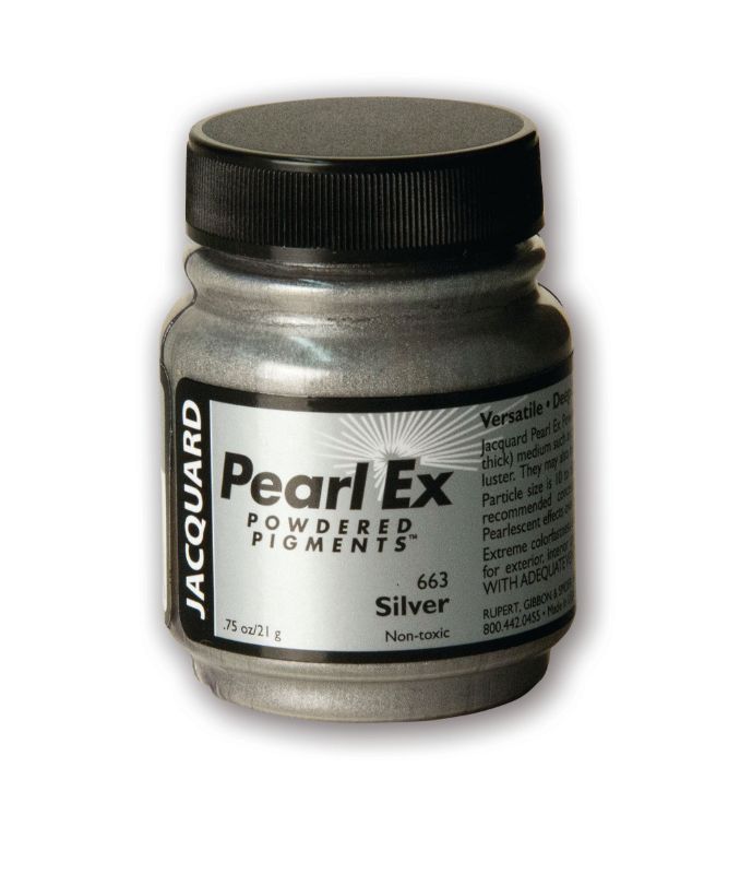 Pearl Ex Powdered Pigment in Silver 663, versatile metallic pigment for art, crafts, and DIY projects. 21.26g package.