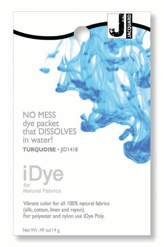 Dissolvable Jacquard iDye packet in vibrant turquoise for dyeing natural fabrics like cotton, silk, and rayon.