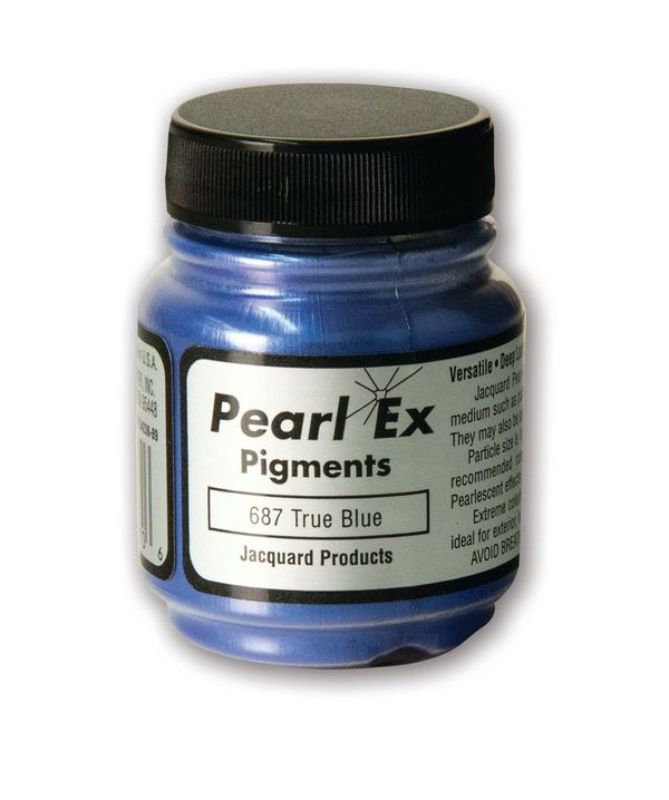 Pearl Ex Powdered Pigment in True Blue 687, 14g, creates vibrant metallic and pearlescent effects for various art applications.