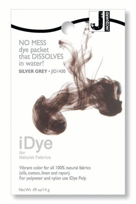 Dissolvable iDye packet in silver grey, perfect for dyeing natural fabrics like cotton and silk easily and mess-free.