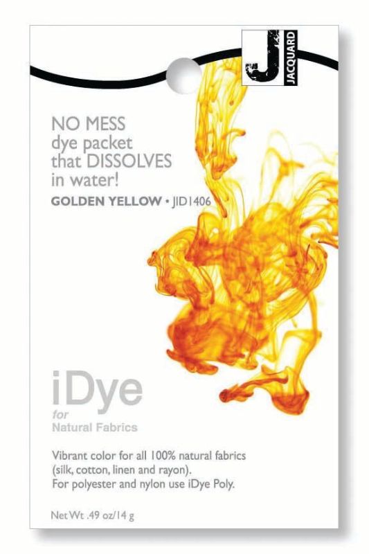 Dissolvable Jacquard iDye Golden Yellow 406 for vibrant dyeing of natural fabrics like cotton, silk, and linen.