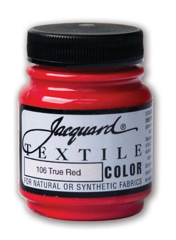 Vibrant JACQUARD TRUE RED fabric paint in a 66.54ml bottle, ideal for artists and DIY projects on various surfaces.