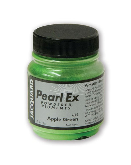 Vibrant Jacquard Apple Green 635 Pearl Ex Powdered Pigment in a 14g jar, ideal for creating pearlescent and metallic effects.