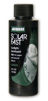 Vibrant Jacquard Green 109 SolarFast dye in a 118.29ml bottle, perfect for sun-activated art on fabric and paper.