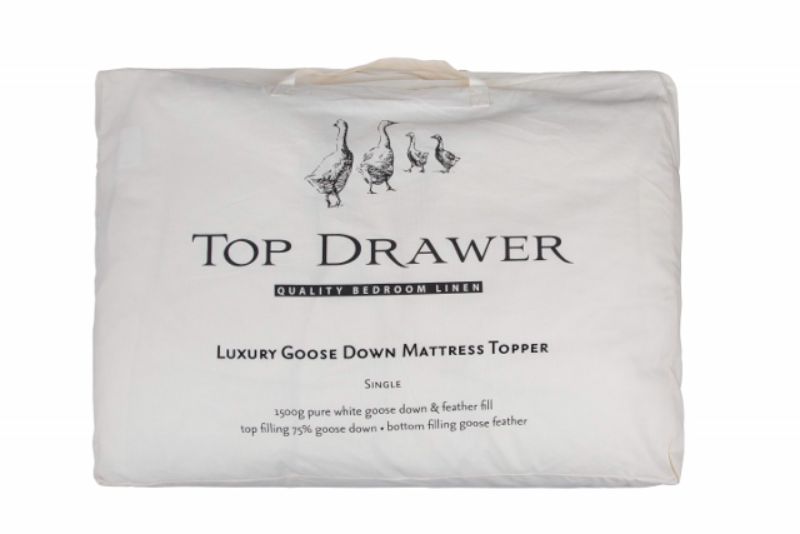 Luxurious King mattress topper with 75/25 goose down/feather blend, quilted cotton cover, and 40cm fitted skirt for ultimate comfort.