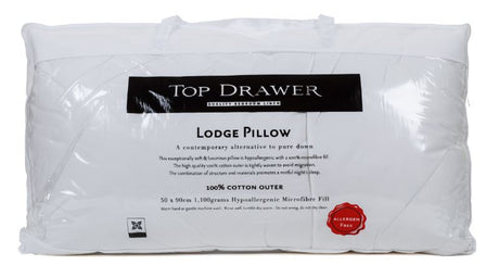 Luxurious 90cm Lodge Pillow with hypoallergenic microfibre fill and 100% cotton cover, perfect for side or back sleepers.