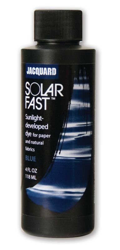 SolarFast Dye in Jacquard Blue 107, a light-sensitive dye for creating vibrant fabric and paper art with sunlight exposure.