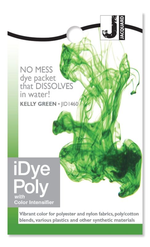 iDye Poly in Kelly Green, a 14g dissolvable dye packet for vibrant color on polyester and synthetic fabrics.