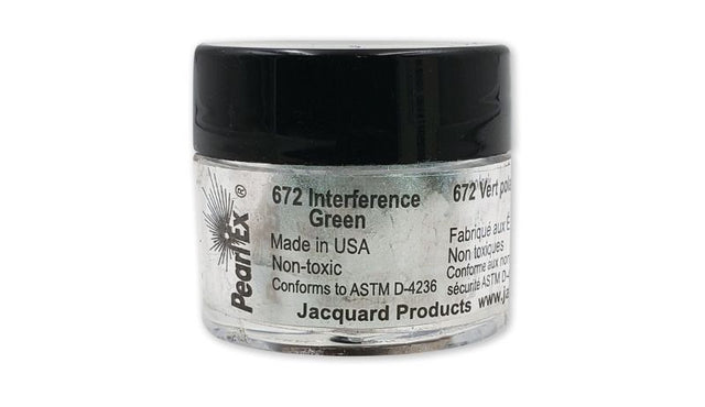 Pearl Ex Interference Green 672 pigment powder in a 3g jar, ideal for creating vibrant metallic effects in various art mediums.