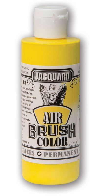 Jacquard Opaque Yellow airbrush paint in a 118.29ml bottle, ideal for vibrant, durable art on various surfaces.
