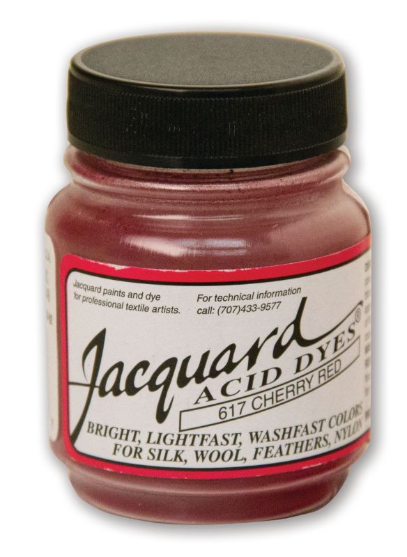 Jacquard Acid Dye in Cherry Red 617, a vibrant powdered dye for silk, wool, and protein fibers, delivering colorfast results.