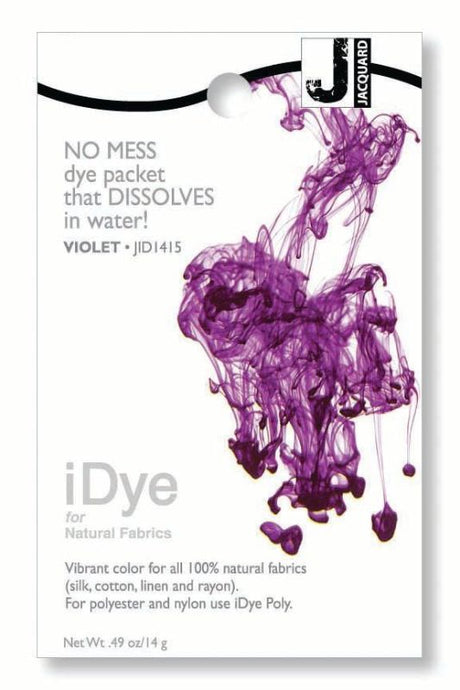 Vibrant Jacquard Violet 415 dye for natural fabrics in a mess-free dissolvable packet for easy use and uniform colors.