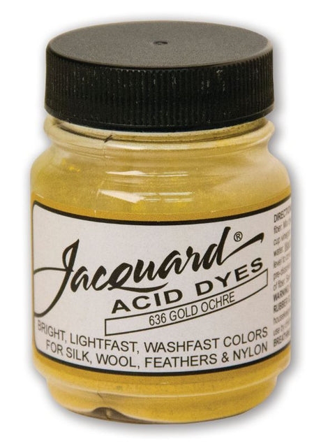 Jacquard Acid Dye in Gold Ochre 636, a vibrant powdered dye for silk, wool, and protein fibers, delivers rich, colorfast hues.